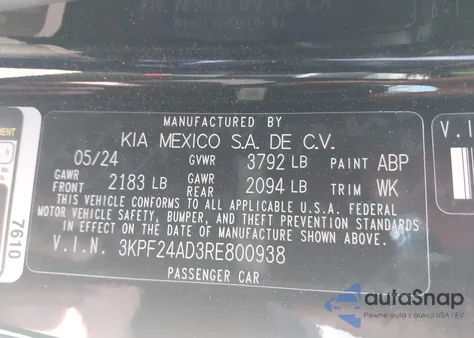 2024 Kia Forte Lxs из США, поврежденный, VIN 3KPF24AD3RE800938